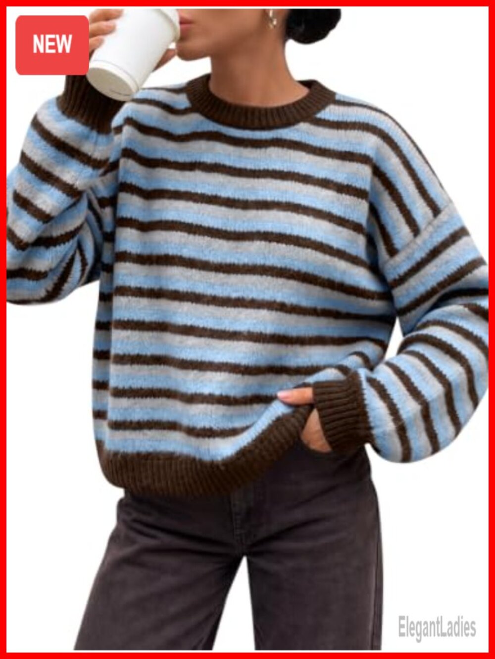 Women's Striped Oversized Knit Sweater Crew Neck Pullover